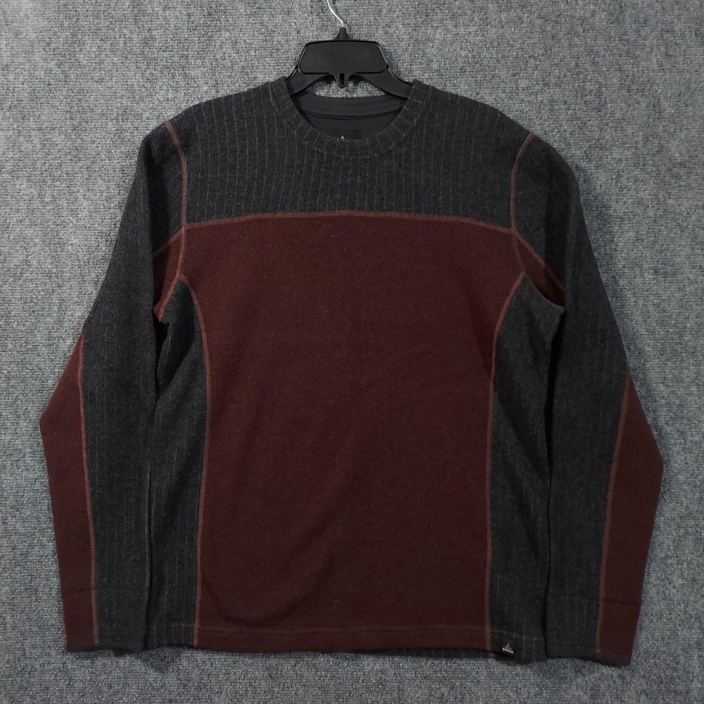 prAna Sweater Mens Medium Gray‎ Burgundy Wool Blend Fleece Lined Crewneck Knit